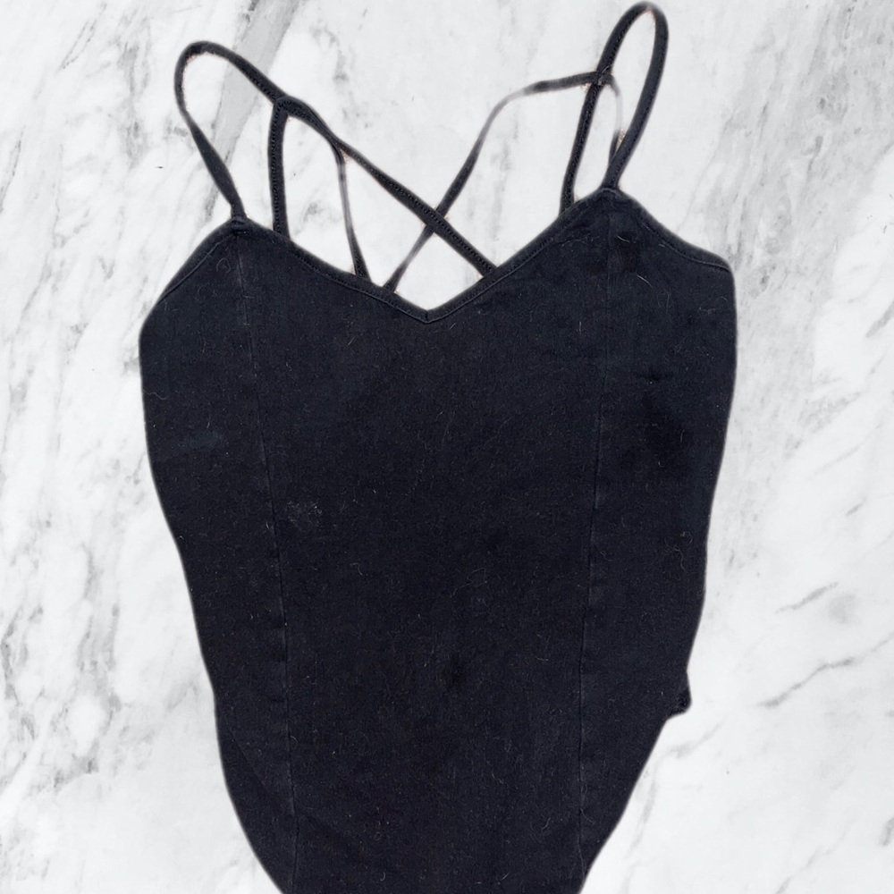 Mind Code Women’s intersecting straps black ribbed bodysuit S/M worn